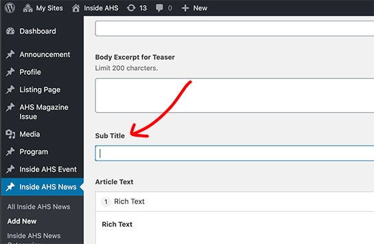 screenshot on backend of Inside AHS showing the sub title field