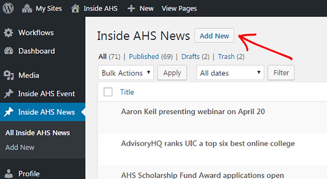 Backend of Inside AHS screenshot- add new